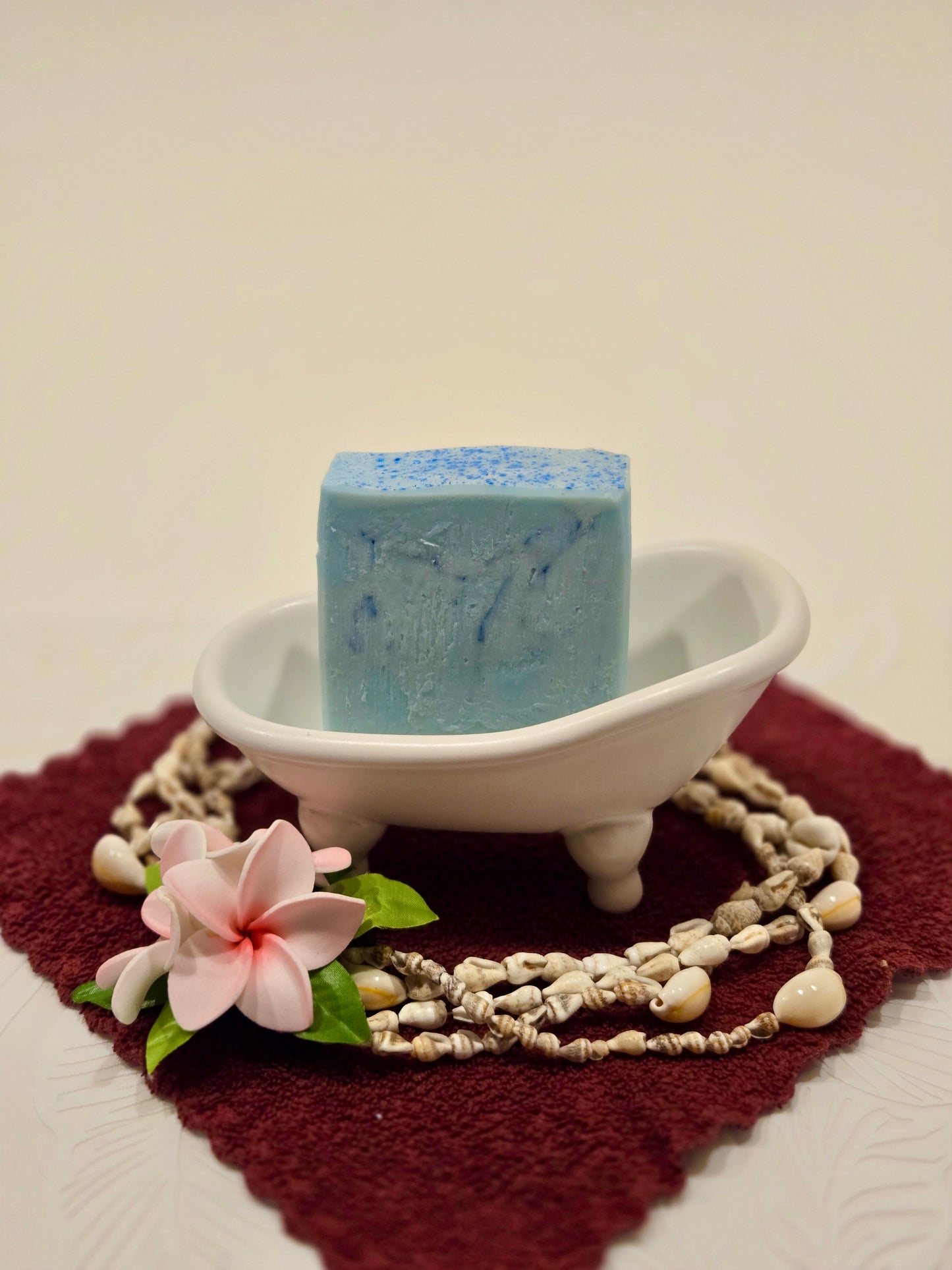paradise breeze cold process soap bar made with olive oil, coconut oil, and castor oil.
