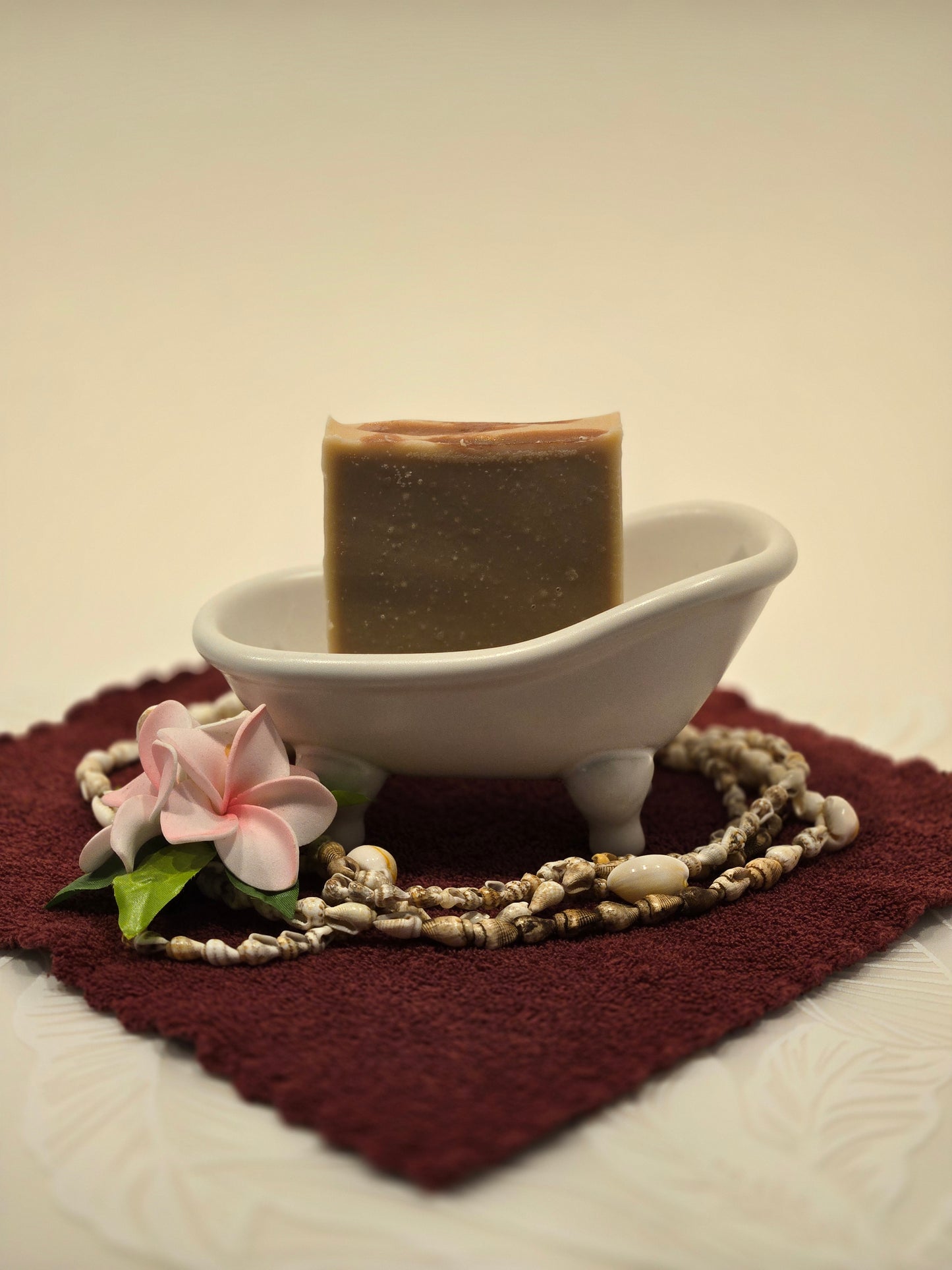 limited edition kona coffee cold process soap bar made with olive oil, coconut oil, and castor oil.
