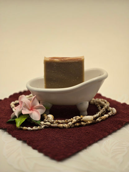 limited edition kona coffee cold process soap bar made with olive oil, coconut oil, and castor oil.
