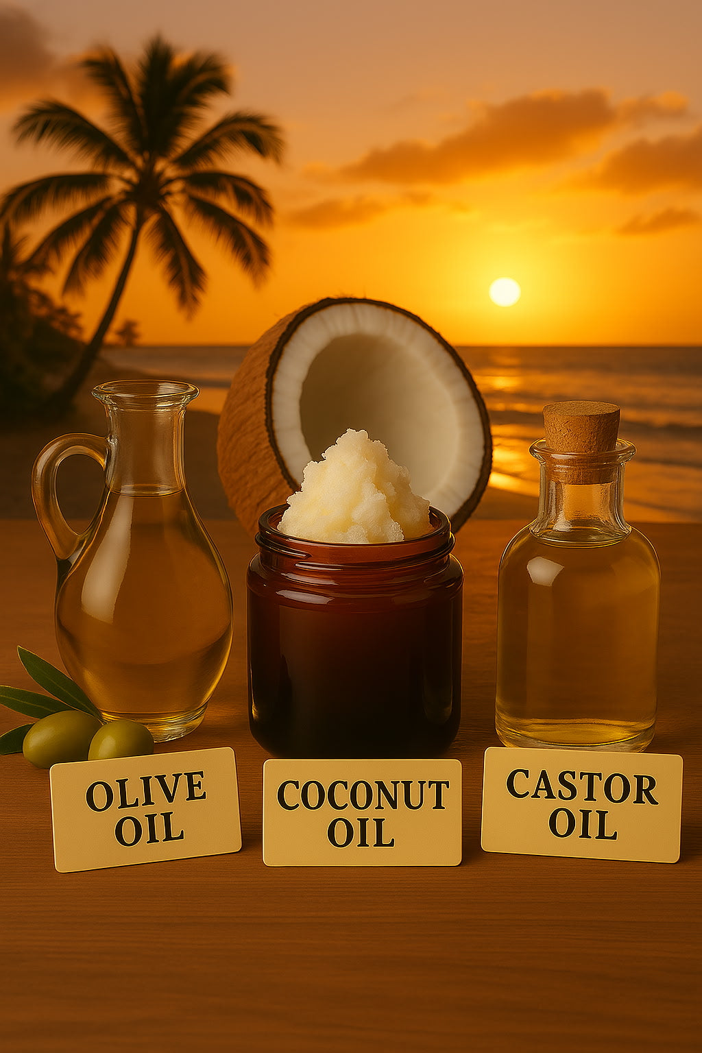 Three bottles of olive, coconut, and castor oil with labels on a wooden surface at sunset.