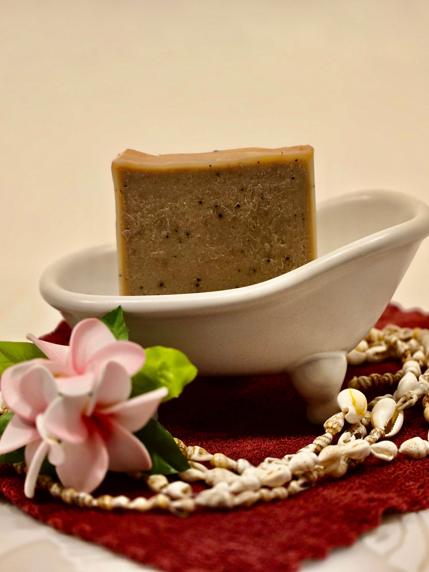 kona coffee scrub cold process soap bar made with olive oil, coconut oil, and castor oil.