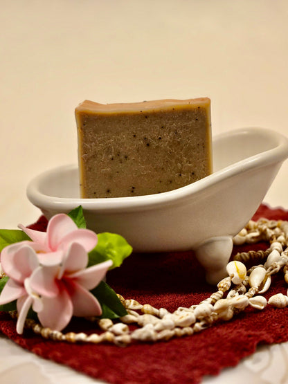 kona coffee scrub cold process soap bar made with olive oil, coconut oil, and castor oil.